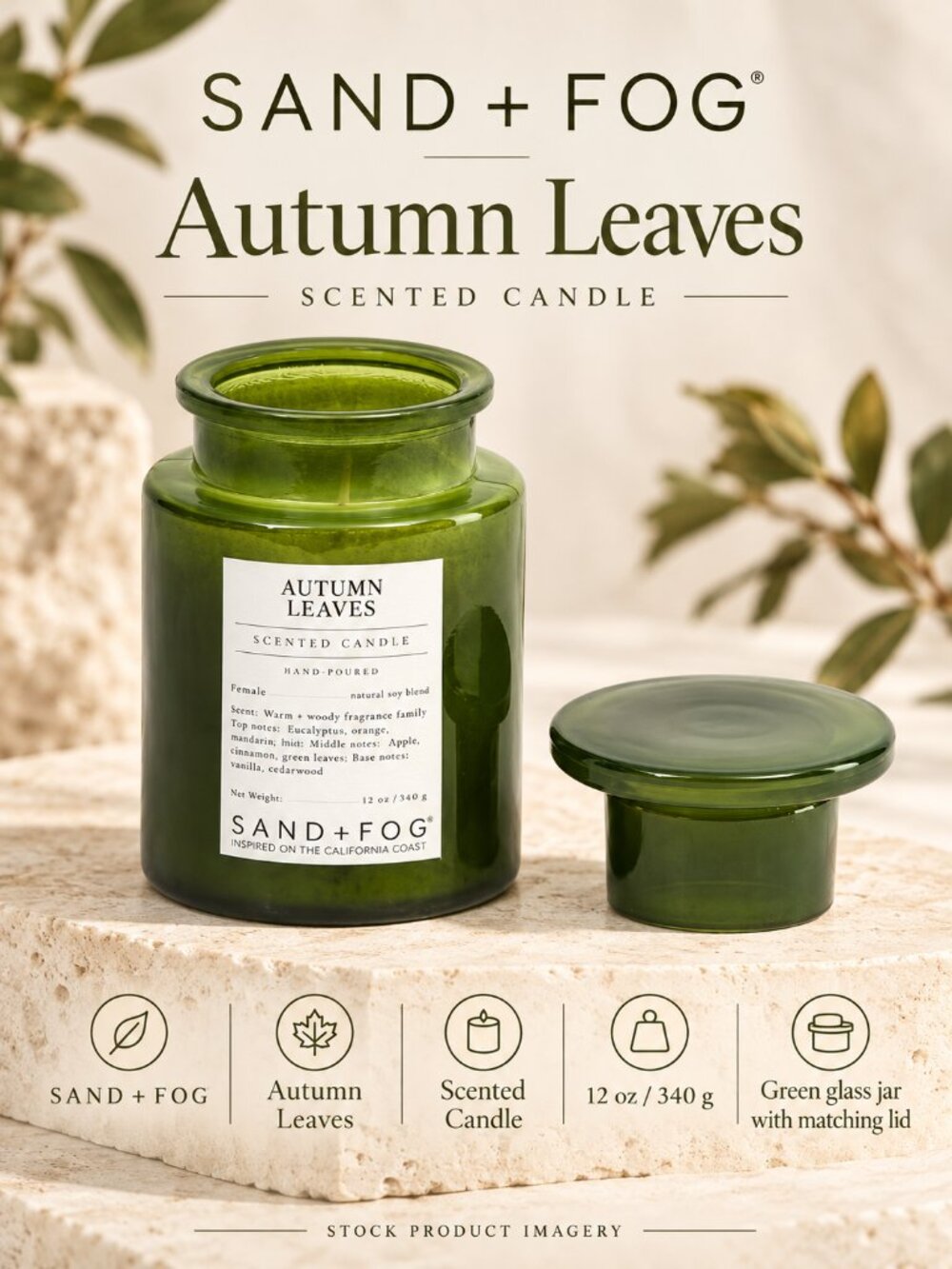 Sand + Fog Autumn Leaves Candle Green Glass Apothecary Jar with Lid